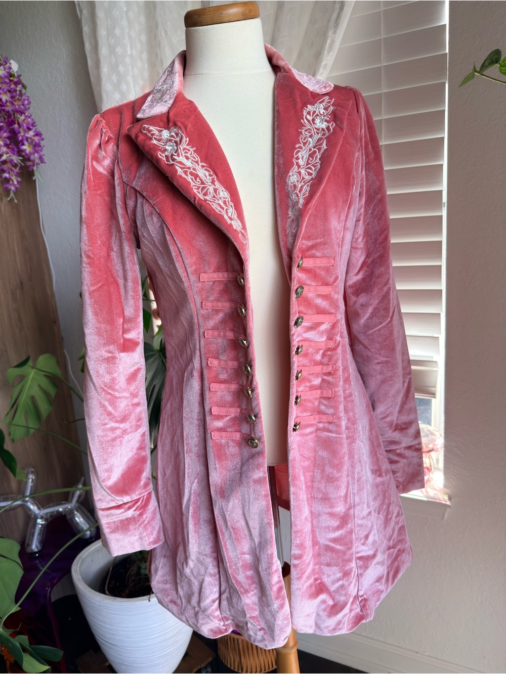 Pink Velvet Military-Style Women's Coat